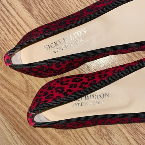 NICKY HILTON x FRENCH SOLE Red Black Animal Print Ballet Flats Leather Sz 7 - Picture 3 of 10